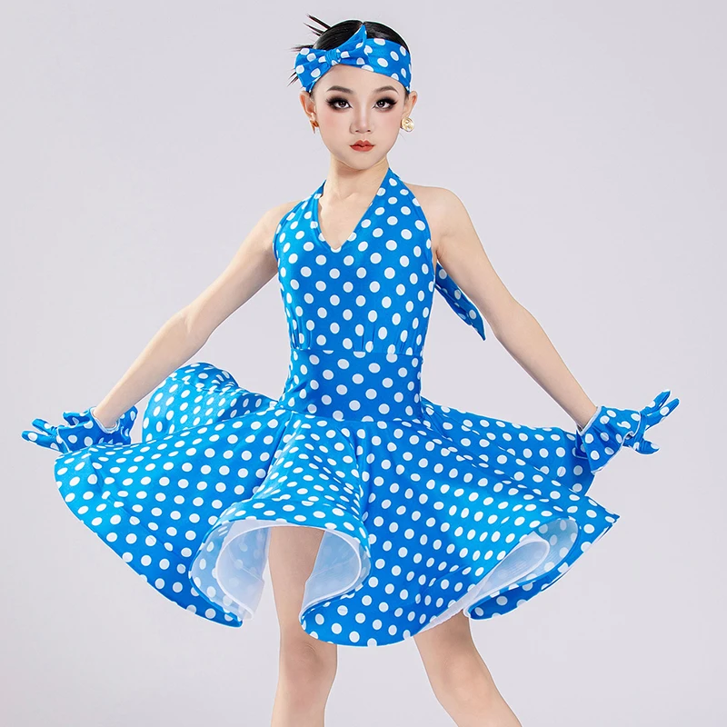 2026 New Polka Dot Latin Dance Suit Children Performance Stage Outfit Girl Blue Halter Dancing Dress Latin Show Clothing VDL5389