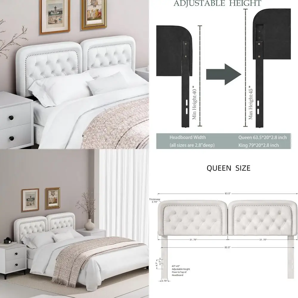 لوح رأسي منجد بحجم كوين مع ارتفاع قابل للتعديل، معنقدة بأزرار، إطار من الخشب الصلب، زخرفة رأس الأظافر، متين وأنيق