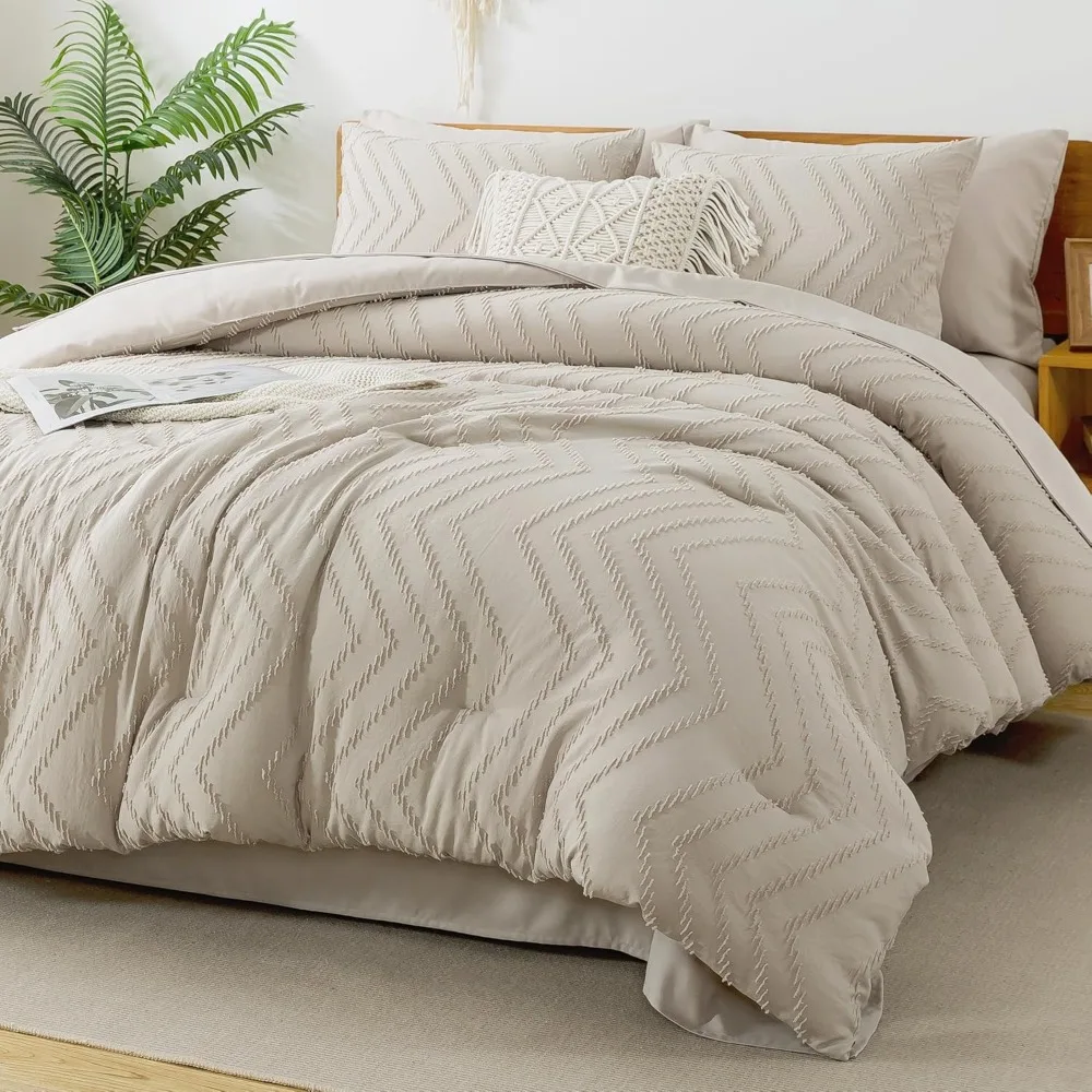 

Queen Comforter Set with Sheets Beige - 7 Pieces Bed in a Bag Queen Chevron Tufted Complete Beddding Duvet Cover Set