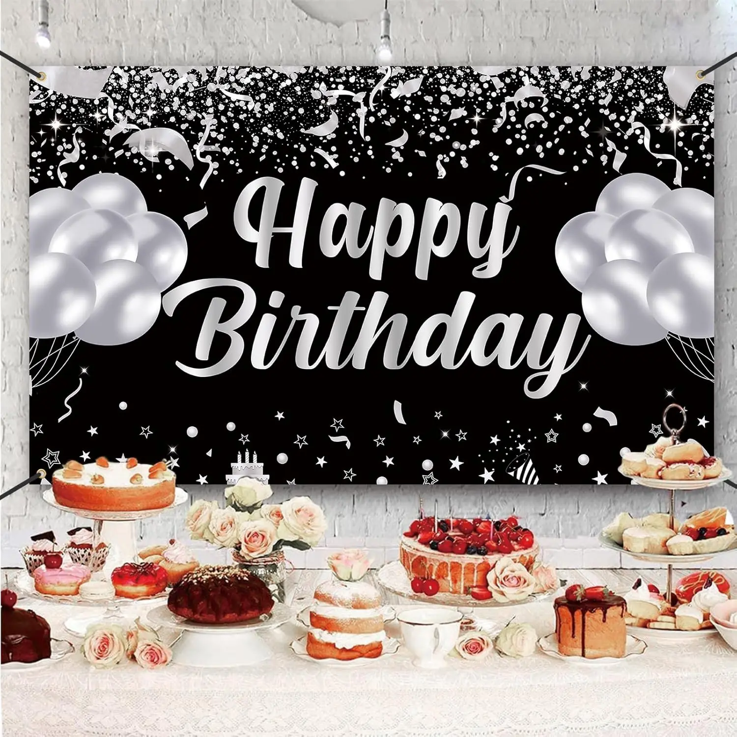 Happy Birthday banner background, black and silver birthday party decorations, birthday party supplies men and women