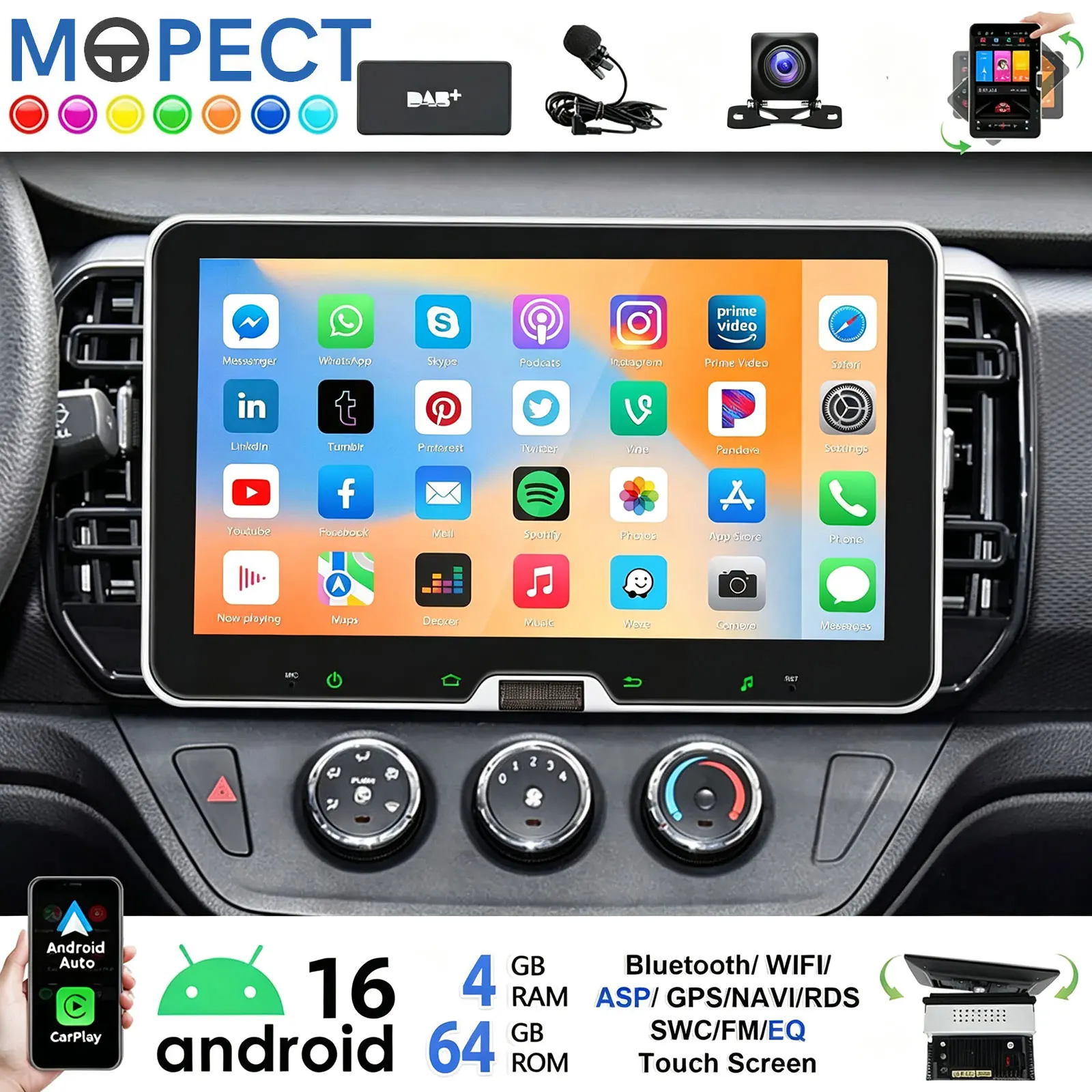 MOPECT Android 16 4+64G Single DIN 10,1 Zoll Drehbarer Touchscreen Autoradio CarPlay Android Auto Multimedia-Player Autoradio MP5 BT WIFI FM RDS GPS NAVI Mikrofon & DAB+ & Kamera