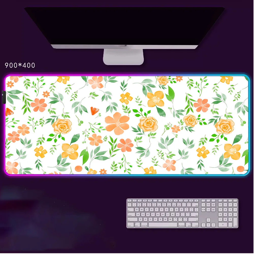 

Коврик для мыши с цветочными узорами, RGB LED подсветкой, нескользящей резиновой основой, водонепроницаемый, для офиса, ПК, дома, USB, большой, игровой
