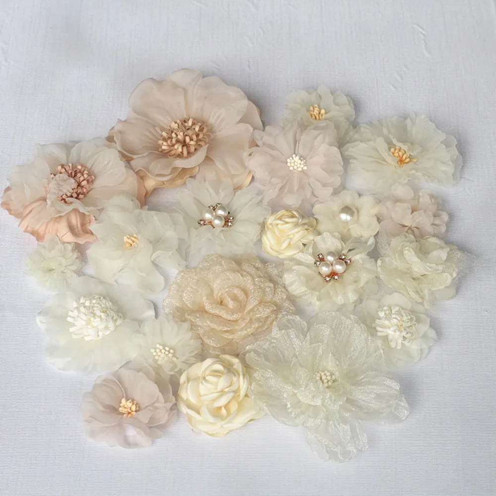 20Pcs Set Beige Series Mix 20 Styles Chiffon Organza Fabric Rose Flowers Wedding Dress Girls Clothing Headwear Decoration DIY