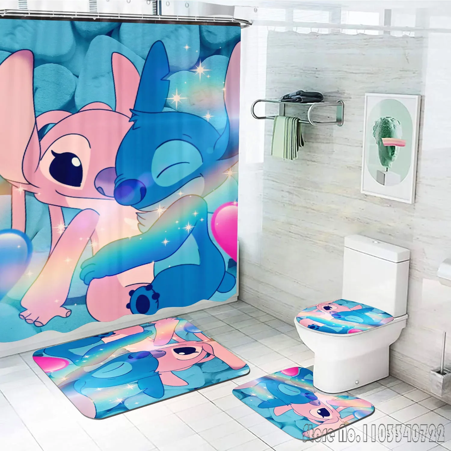 Set di tende da doccia da bagno Disney Stitch Anime 4 pezzi con ganci Decorazione del coperchio del tappetino da bagno impermeabile