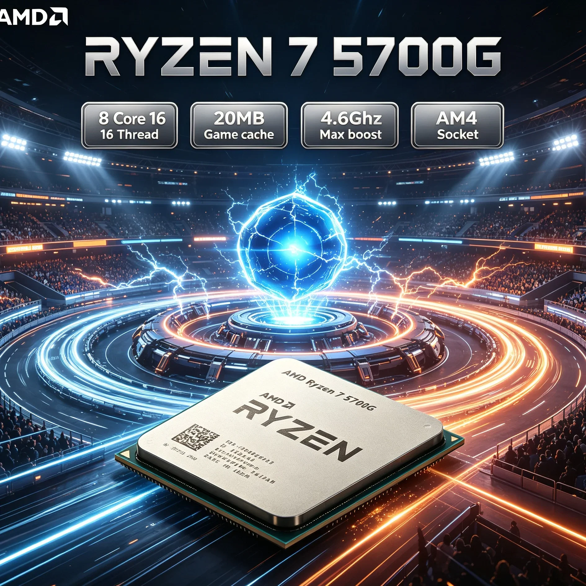 AMD Ryzen 7 5700G Streaming & Recording Processor, AM4 8-Core 16-Thread 4.6GHz Boost 65W APU with Integrated Graphics, No Cooler