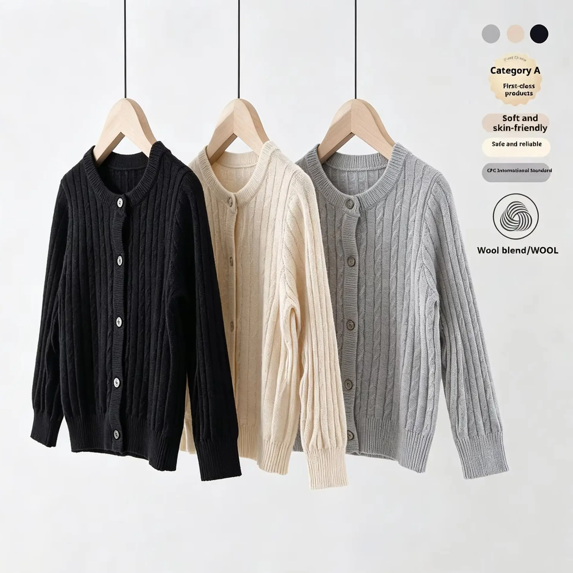 Kids Cardigan Sweater Cable Knit Wool Blend Crew Neck Long Sleeve Soft Cozy Warm Fall Winter School Daily Boys Girls 4-12 Years