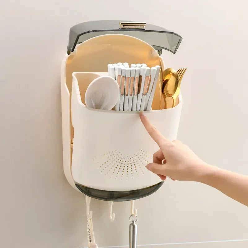Aufbewahrungsbox für Küchenbesteck, Wandmontage, Geschirr-Aufbewahrungshalter mit Deckel, staubdichter Löffel und Essstäbchen-Organizer, Abflussregale