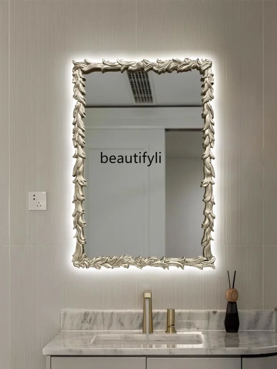 NQ French retro led bathroom mirror wall hanging bedroom carved bathroom anti-fog light luxury square washstand mirror