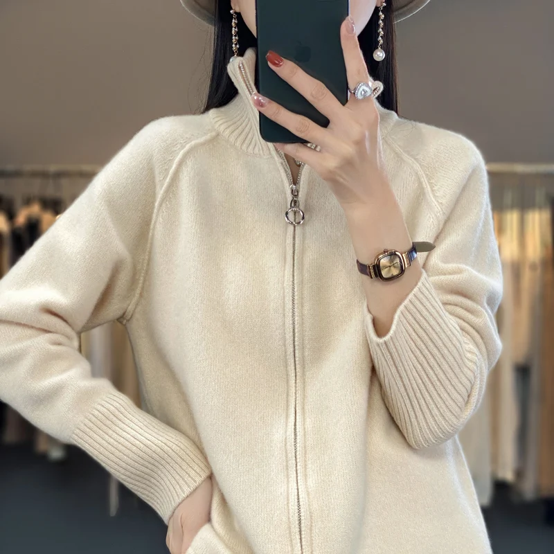 High necked zippered solid color new top for women's cardigan high-end loose autumn and winter Blouse