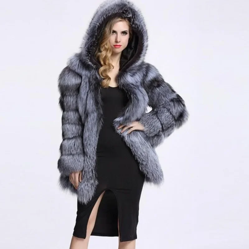 Winter Women Imitation Fox Fur Coat Hooded Splicing Hidden Button Design Artificial Fur Jacket Medium Long Styles Women Clothing