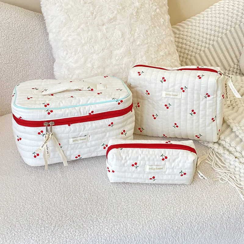 Fashion Women Quilted Cotton Cosmetic Storage Bag Cherry Travel Makeup Storage Organizer Pouch Girls Pencil Case Tote Handbags