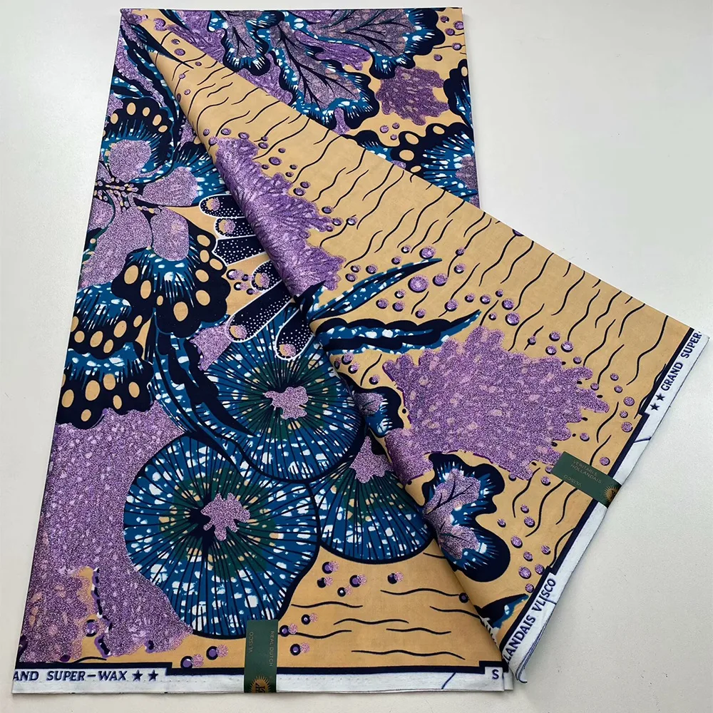 Super African 100% Cotton Wax Prints Fabric Grand Hollandais Wax Soft Fabric Golden Glitter 6 yards New Style Dress Fashion Bag