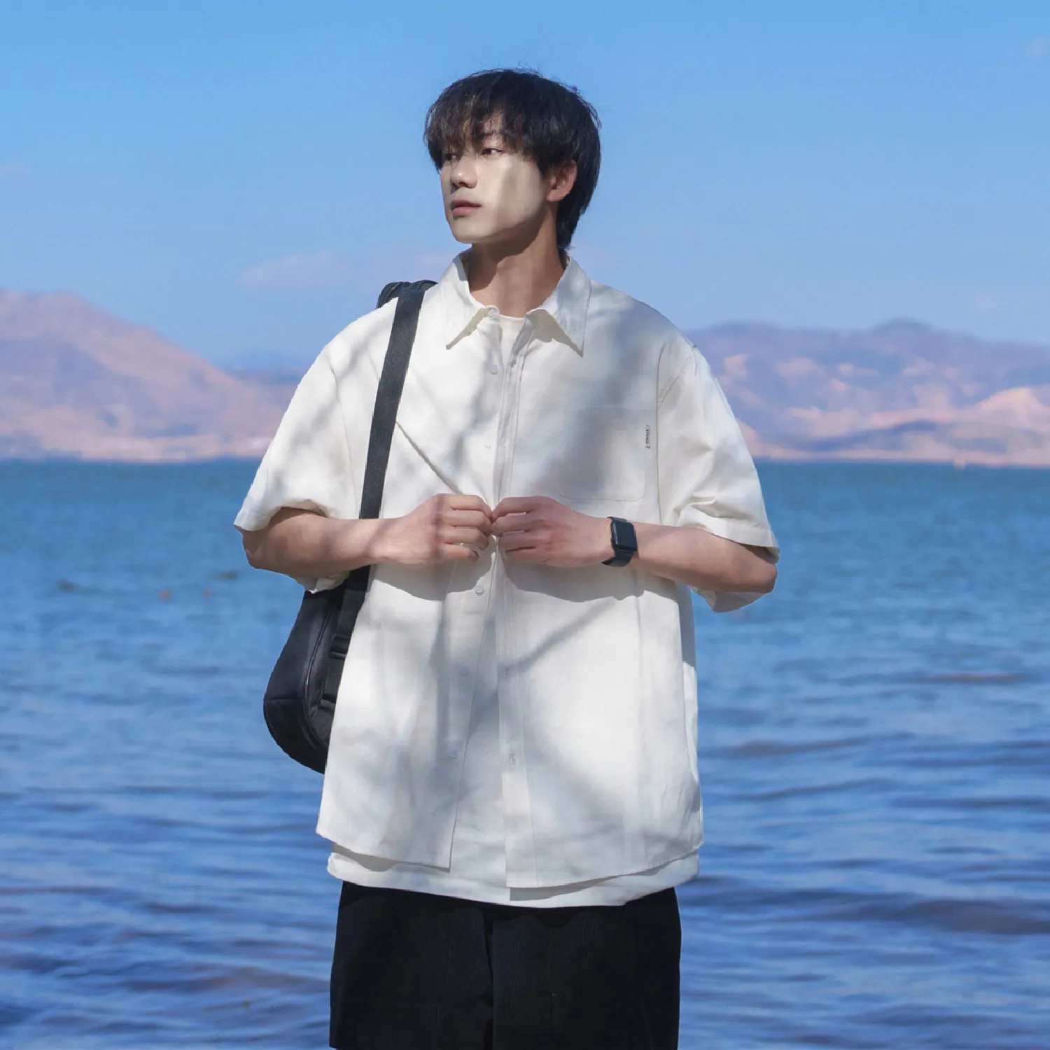 

White Loose ort Sve irt Men's Summer Casual Pure Color Versatile Workwear American Sle Button up No Iron Treaent