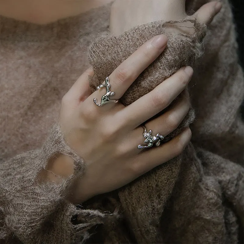 PANJBJ 925 Sterling Silve Liquid Lava Irregular Korean Ring for Women Simple Vintage Design Jewelry Dropshipping