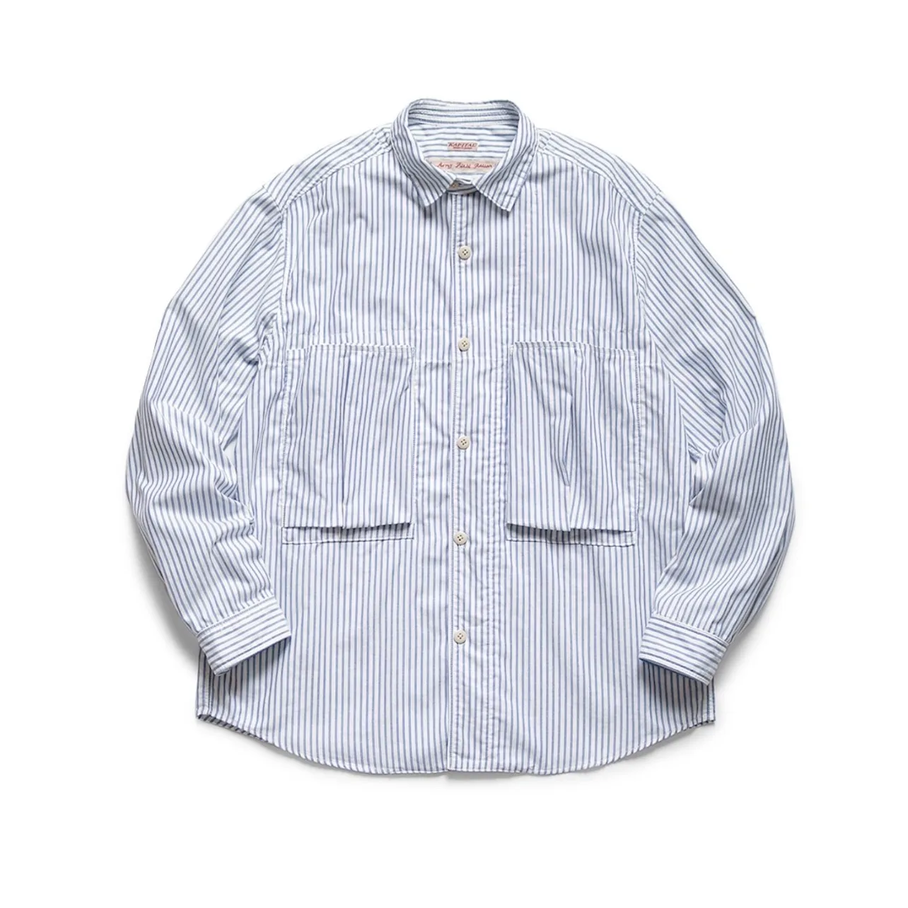 24AW KAPITAL Hirata and Hongri Casual Pleated Two Bag Blue and White Stripe Lapel Loose Long Sleeved Shirt