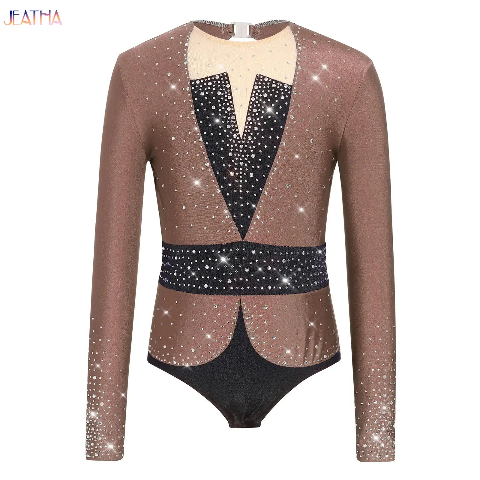 

Kids Girls Rhythmic Gymnastics Figure Skating Ballet Performance Jersey Leotard Shiny Rhinestones Bodysuit for Competition Tops