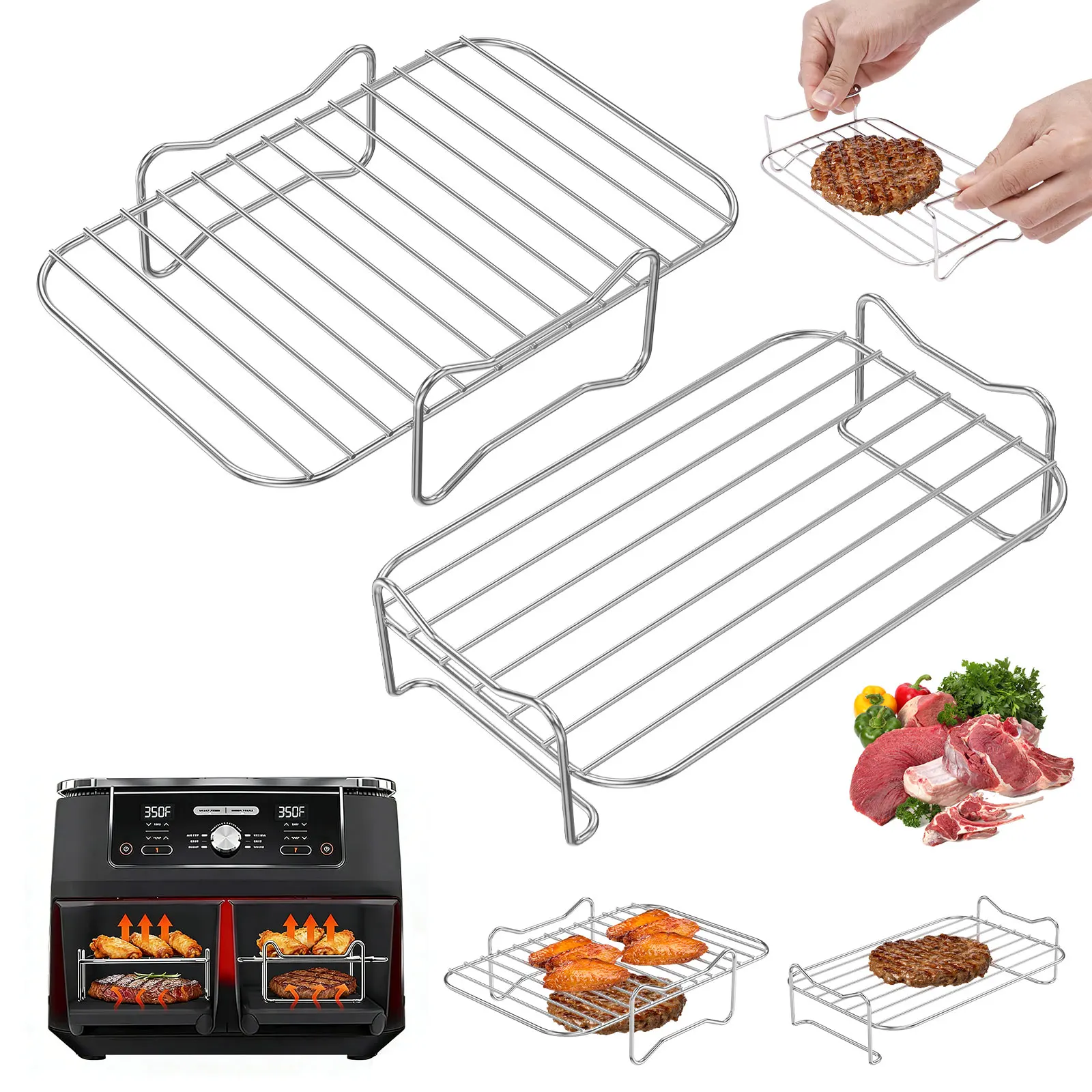 2 Stück Luftfritteusenständer, stapelbar, Edelstahl, Doppelkorb, Luftfritteusen-Grillständer zum Backen, Kochen, Kühlen, Luftfritteusen-Zubehör