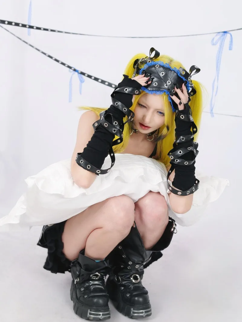 Novo estilo japonês escuro braço mais quente couro elástico tridimensional surround punk oversleeve extra longo estilo luvas mangas