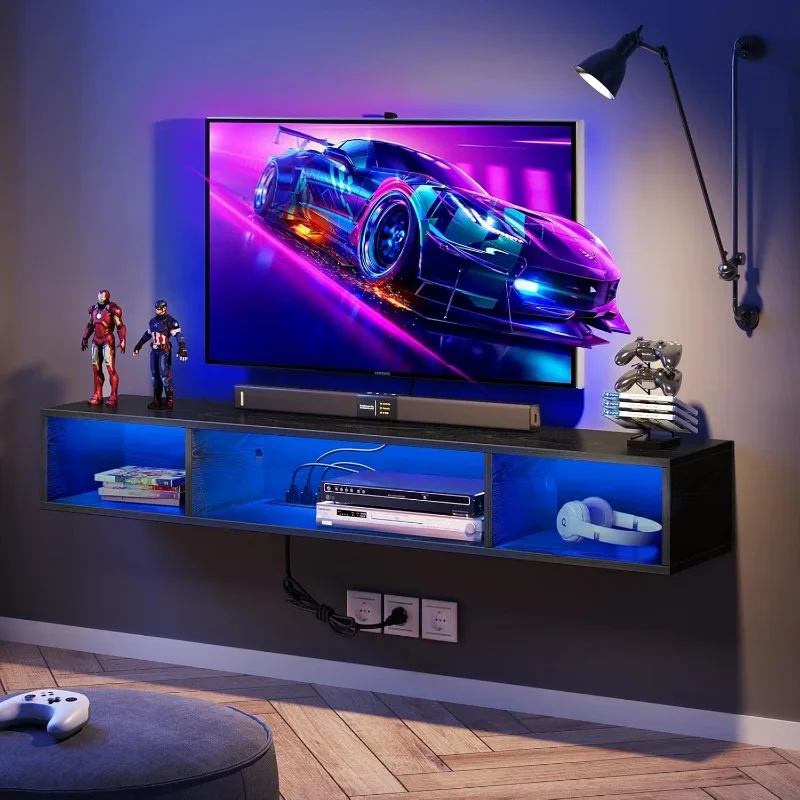 Floating TV Stand with Power Outlet, and RGB Lights, 47.2