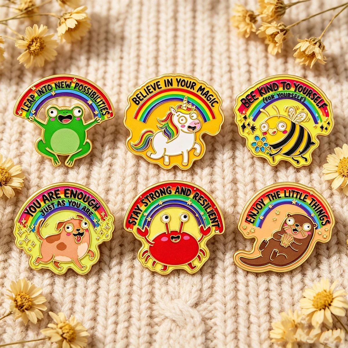 6Pcs Positive Enamel Pins Cute Animal Rainbow Lapel Pin Frog Bee Crab Otter Dog Brooch Badge Backpack Clothing Decor Gift