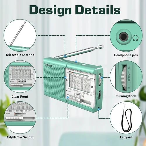 XHDATA D219 Radio portátil AM FM MW Receptor de onda corta Radio de bolsillo Radio multibanda de alta sensibilidad con altavoz conector para auriculares