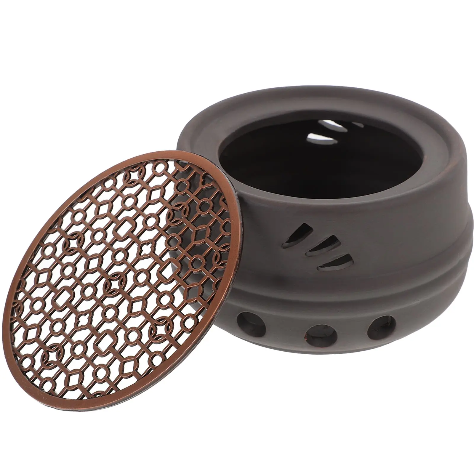 

Japanese Hollow Stainless Steel Tea Warmer Black Slanted Pattern Bronze Copper Lid Practical Safe Circulation Easy