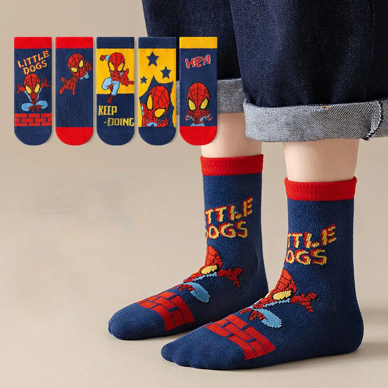 

5 пар новых осенне-зимних детских мягких носков с милыми героями мультфильмов, детские модные носки-пауки среднего размера, хлопковые носки для мальчиков 1-12 лет