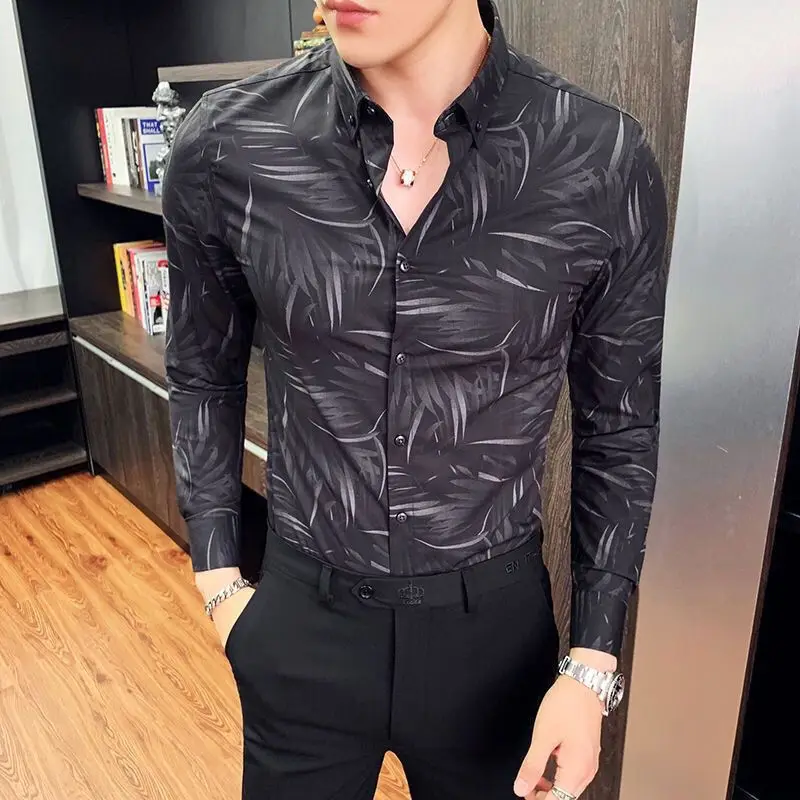 

Fashion Lapel Button Korean Printed Shirts Men's Clothing 2023 Spring New Oversized Casual Tops Loose Long Sleeve Shirt