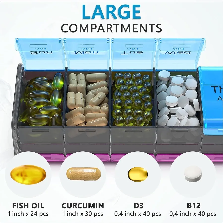 Extra Large Pill Organizer XXL Pill Box 7 Day Weekly Pill Organizer with AM PM Large Compartments Big Pill Case for plements Ju