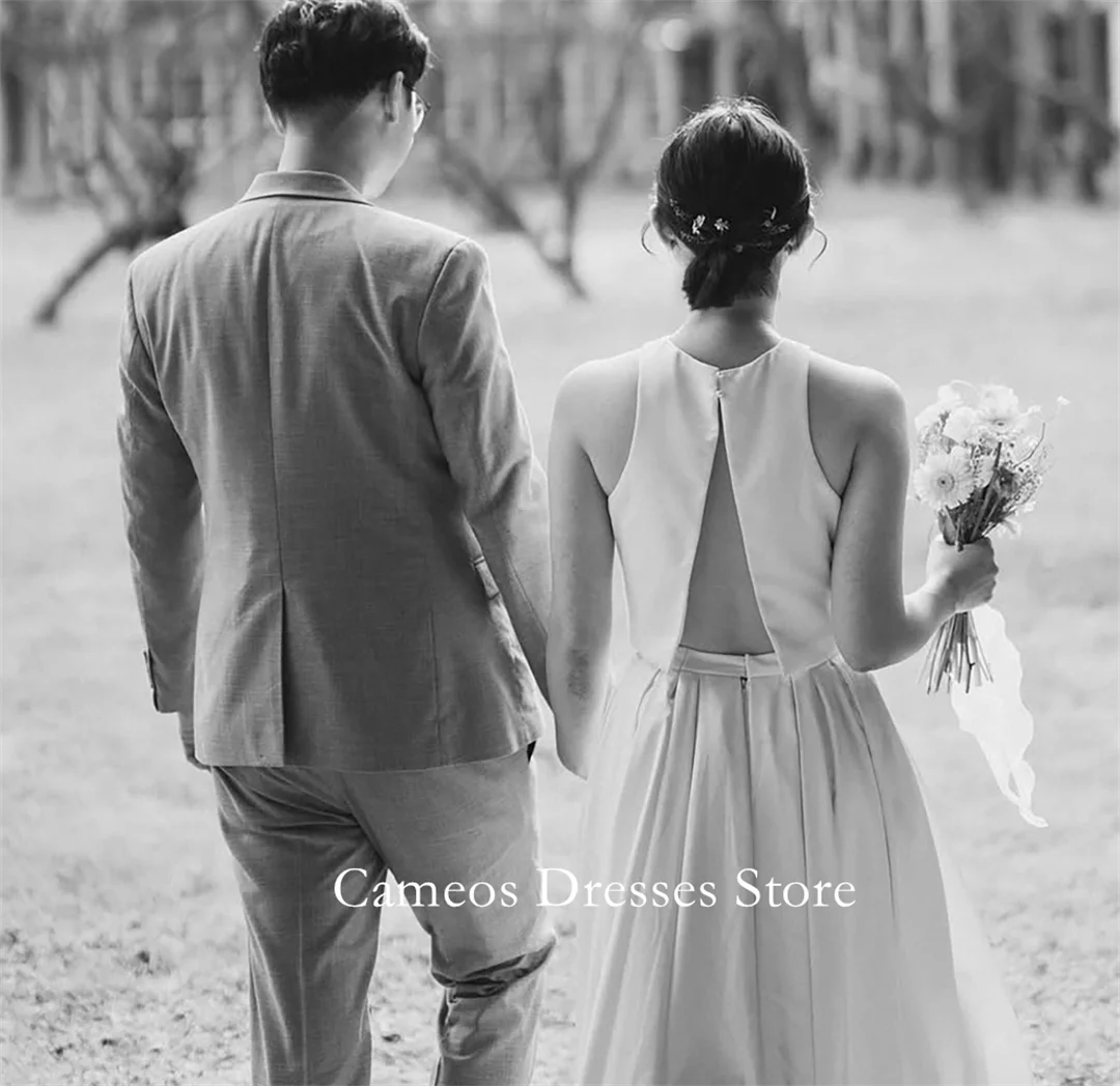 Sondr personalizado o-pescoço sem mangas vestidos de casamento simples a linha cetim espartilho coreia vestidos de noiva feminino