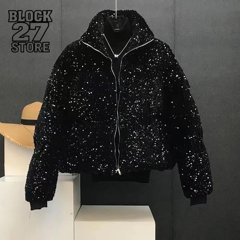 Мужская куртка Harajuku, уличная куртка-пуховик с блестками, свободная зимняя стеганая хлопковая куртка, блестящий дизайн, теплая повседневная модная тенденция