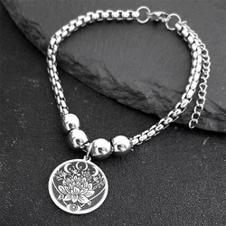 Witch Lotus Flower Eye Bead Link Chain Cuff Bracelets Women Stainless Steel Triple Moon Goddess Charm Jewelry bracelet femme