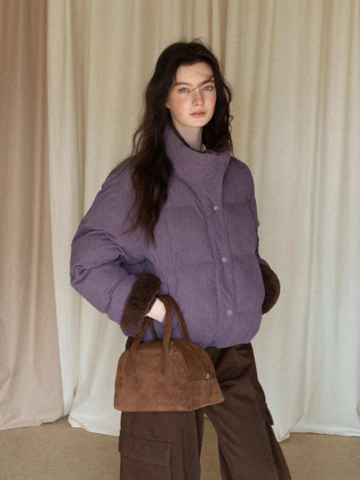 

EGGKA Purple Corduroy Thi Warm Cotton Jaet Winter Stand Collar Loose Personali Commuting ort Top Women's Faion