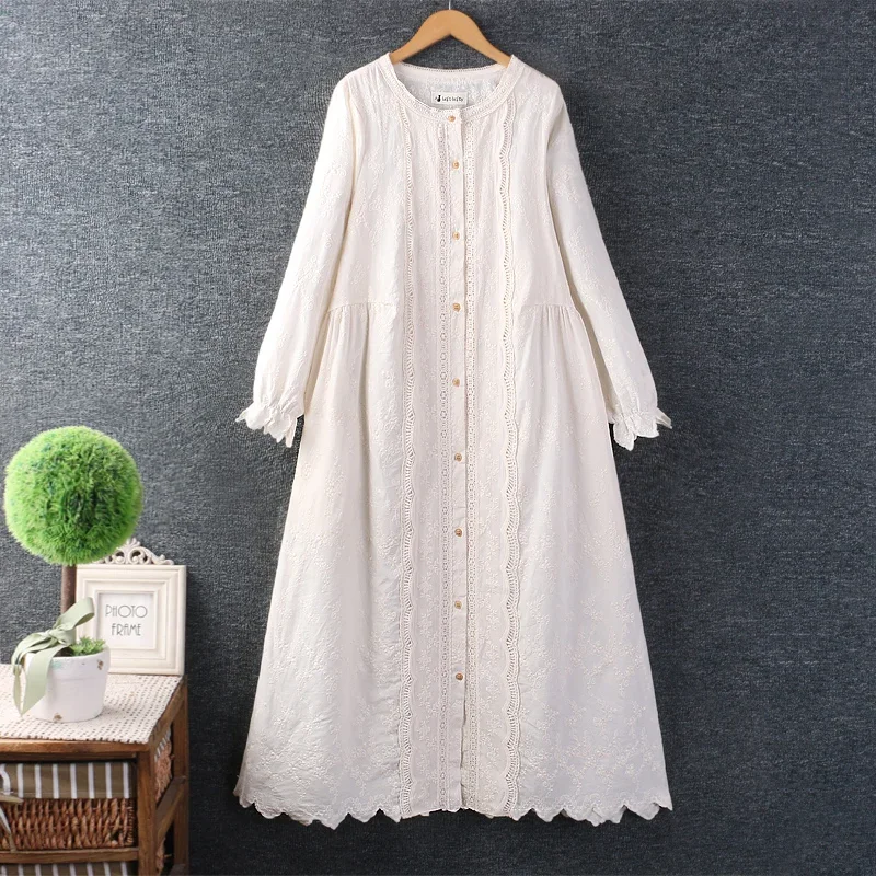 Women\'s Japanese Sweet Mori Girl Flower Embroidery Hollow Out Midi Dress, O-neck, Long Sleeve, Casual Loose Dresses, Spring