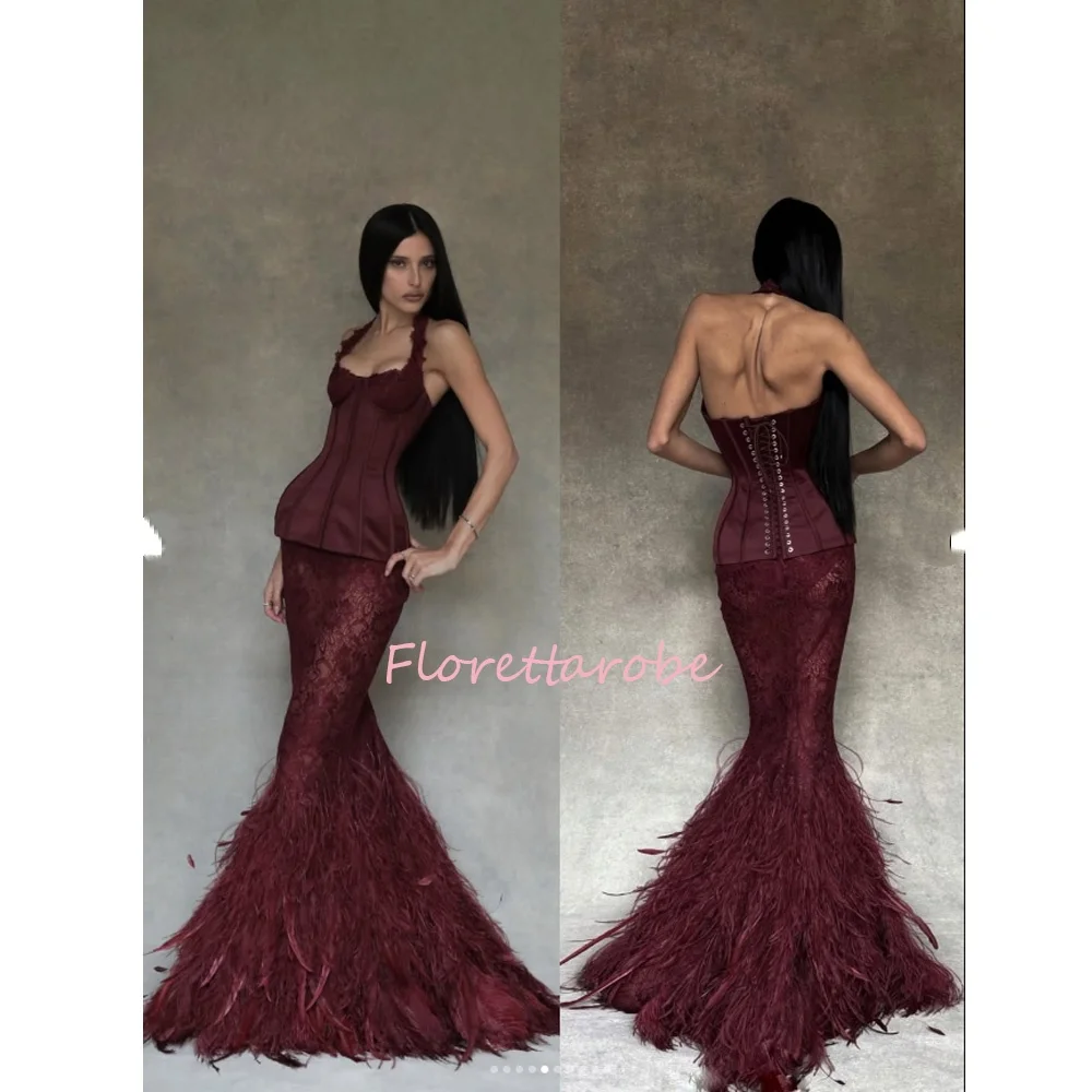 Burgundy 2Piece Retro Evening Dress With Feathers Train Halter Sweeteather Lace Prom Dresses Luxury Robes De Soirée Customized