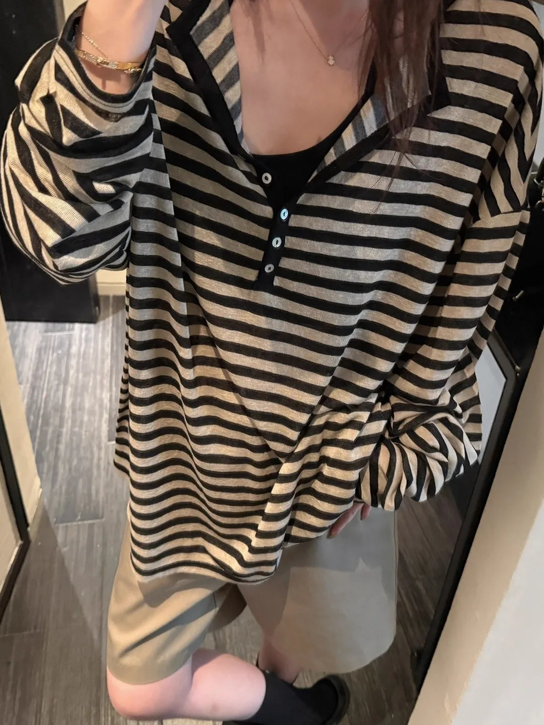 American Retro Color Block Striped Long Sleeve T-Shirt Women's Spring Autumn Loose Casual Lazy Loose Feeling Top Ins