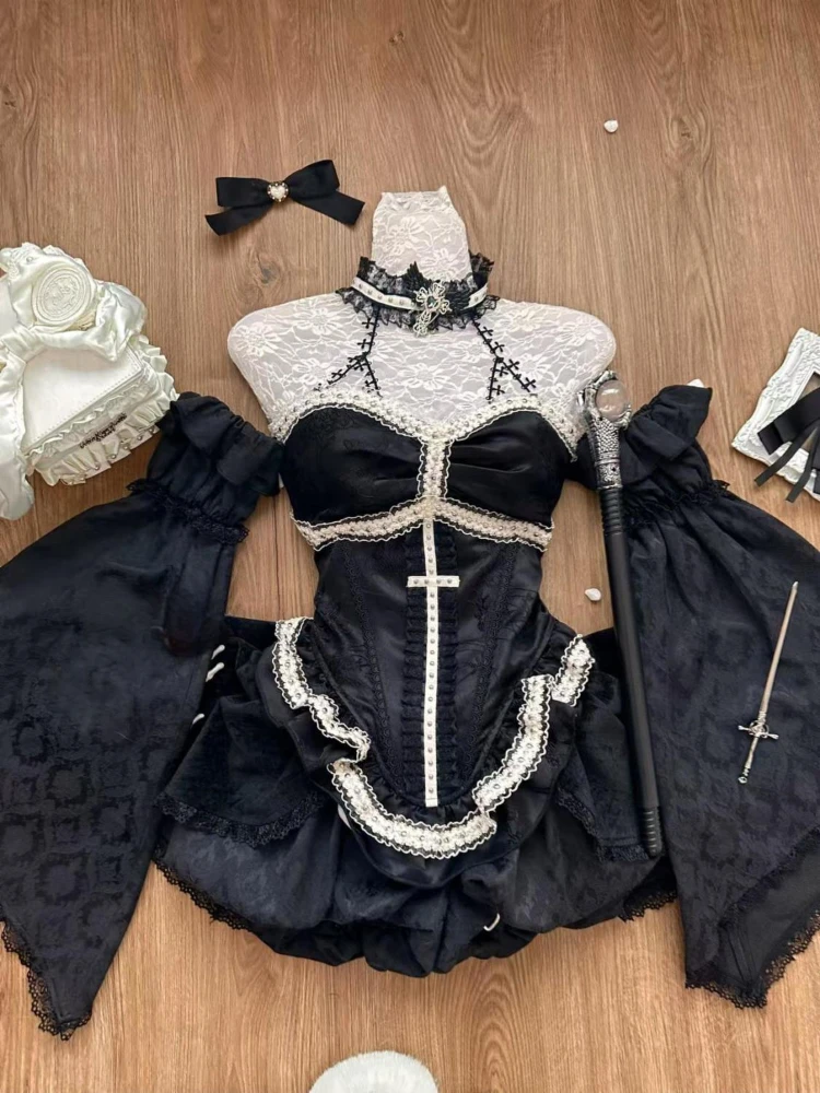 Winter Black Gothic Halloween 3 Piece Set Women Sexy Lace Tops + Mini Cake Skirt + Sleeve Female Y2k Vintage Cosplay Clothing