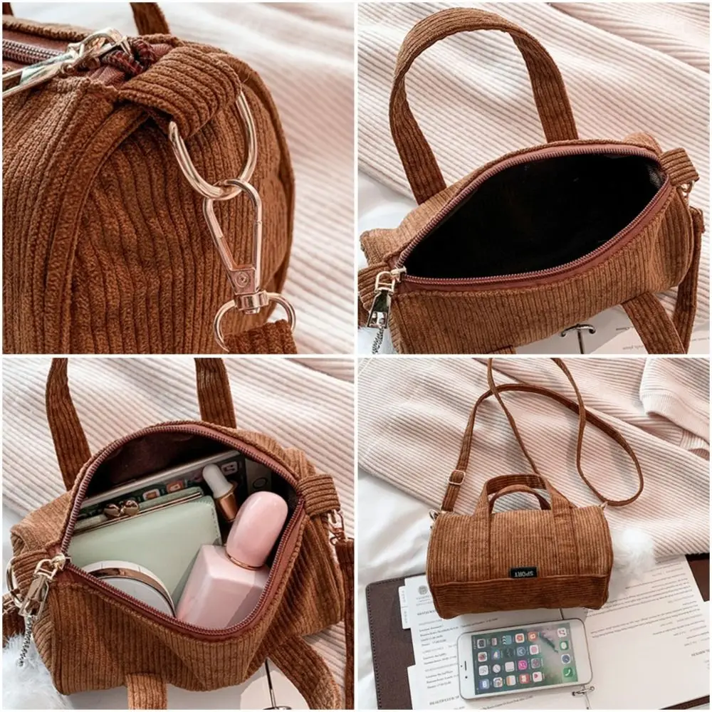 Simple Corduroy Pillow Bag Small with Pom Pendant Crossbody Bag Korean Style Messenger Bag