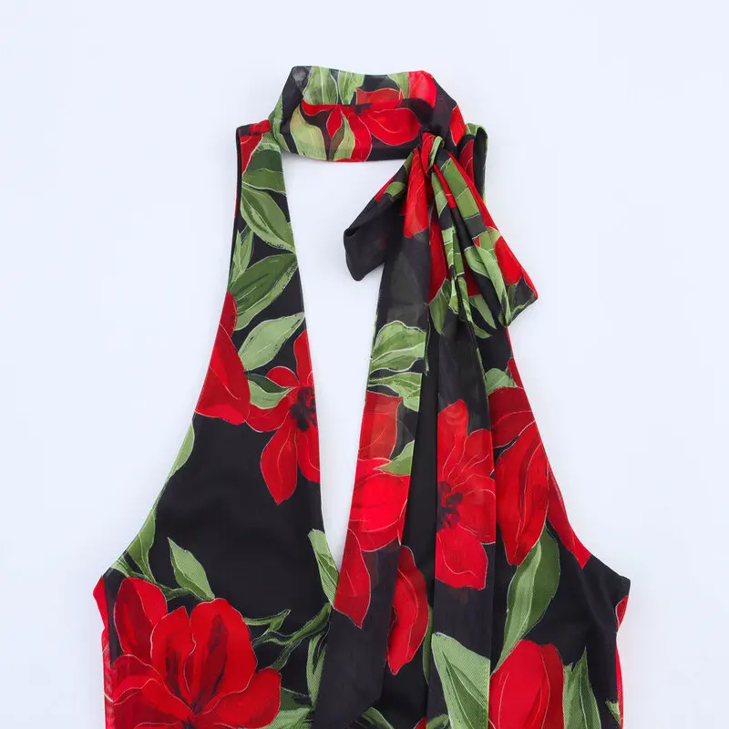 Vestido deco con bufanda fina de malla de seda con estampado romántico, vestido e sin mangas con escote a la moda ...