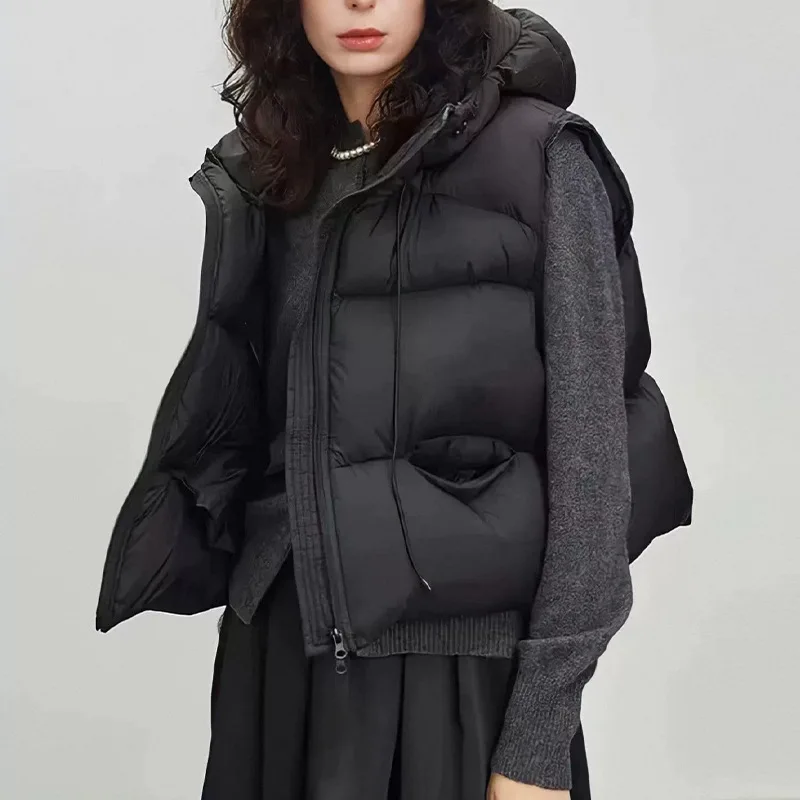 Women White Duck Down Vest Winter Hooded Sleeveless Puffer Jacket Fashionable Duck Feather Waistcoat Man Outerwear JK-141