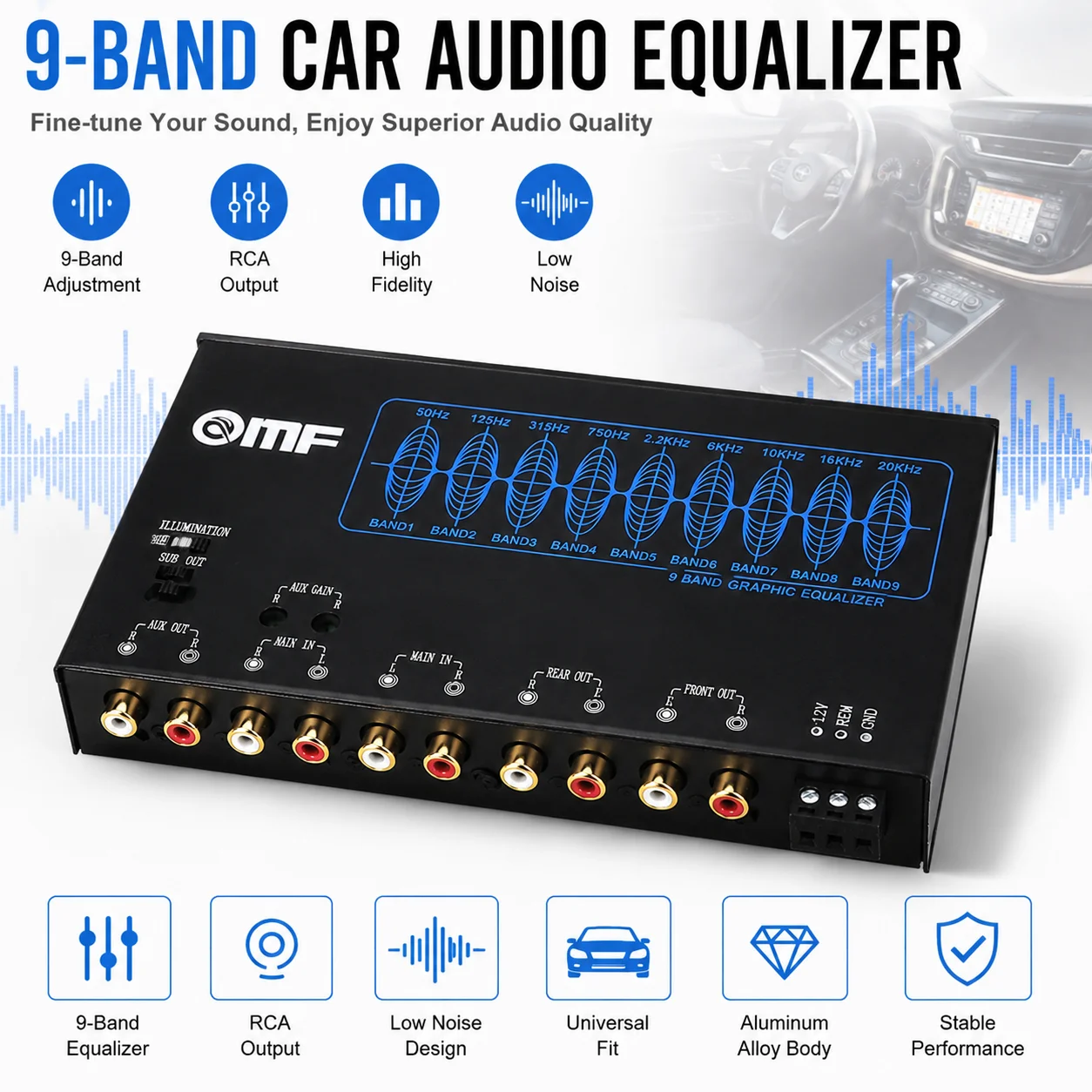EQ9 9Full-frequency car audio equalizer，With high and low tone control，Multiple input/Output - Applicable