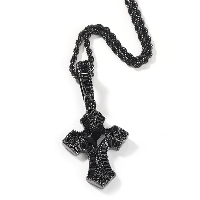 Hip Hop 5A+ CZ Stone Paved Bling Iced Out Solid Cross Pendants Necklace for Men Rapper Jewelry Black Pink Gold Silver Color