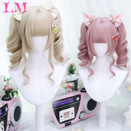 LM Peluca de Cosplay rosa de longitud media, pelucas sintéticas resistentes al calor para fiesta de disfraces, 2 clips en cola de caballo, 7 colores