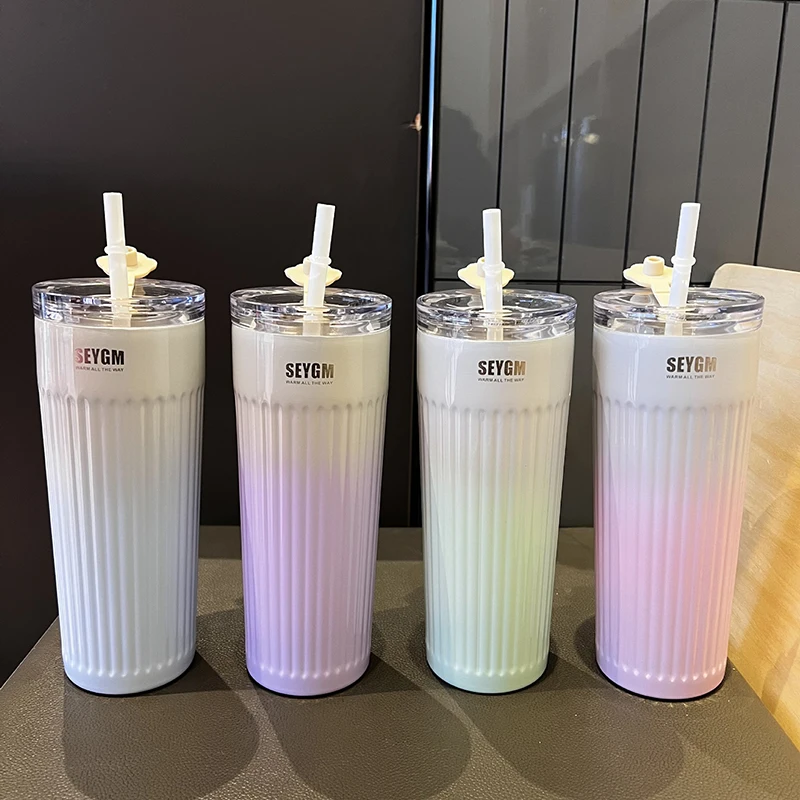New Fashion Gradient Colour 304 Stainless Steel Thermos Bottle Portable Straw Insulation Cup Car Travel Coffee Cups Mugs 500ML