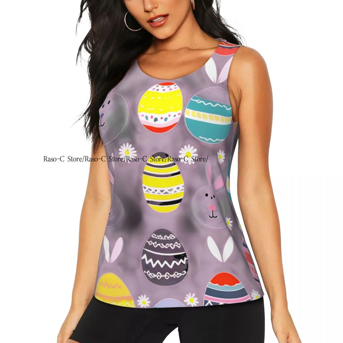 Women Sport tank Tops Loose Yoga Tops Quick Dry Workout Sport Tops Whimsical Easter Playful Rabbits And Colorful Eggs Yoga Shirt