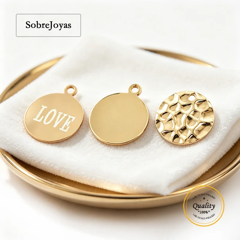 

14K Gold Filled Hammered round Disc 10mm with Hole Letter Charm for DIY Necklace Jewelry Making