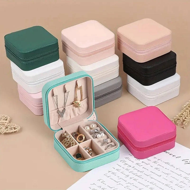 Solid Color Jewelry Display Organizer Portable Zipper Jewelry Box Travel Jewelry Case Multifunctional Leather Storage Box Gifts