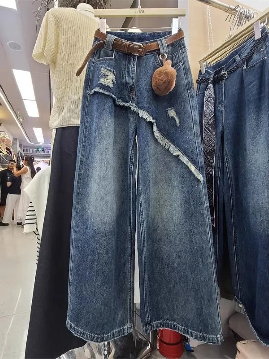 

Fake Two Pieces Raw Edge Design Jeans Women'S 2025 Spring Autumn New Design Feels Loose Slim Wide Legs Long Pants