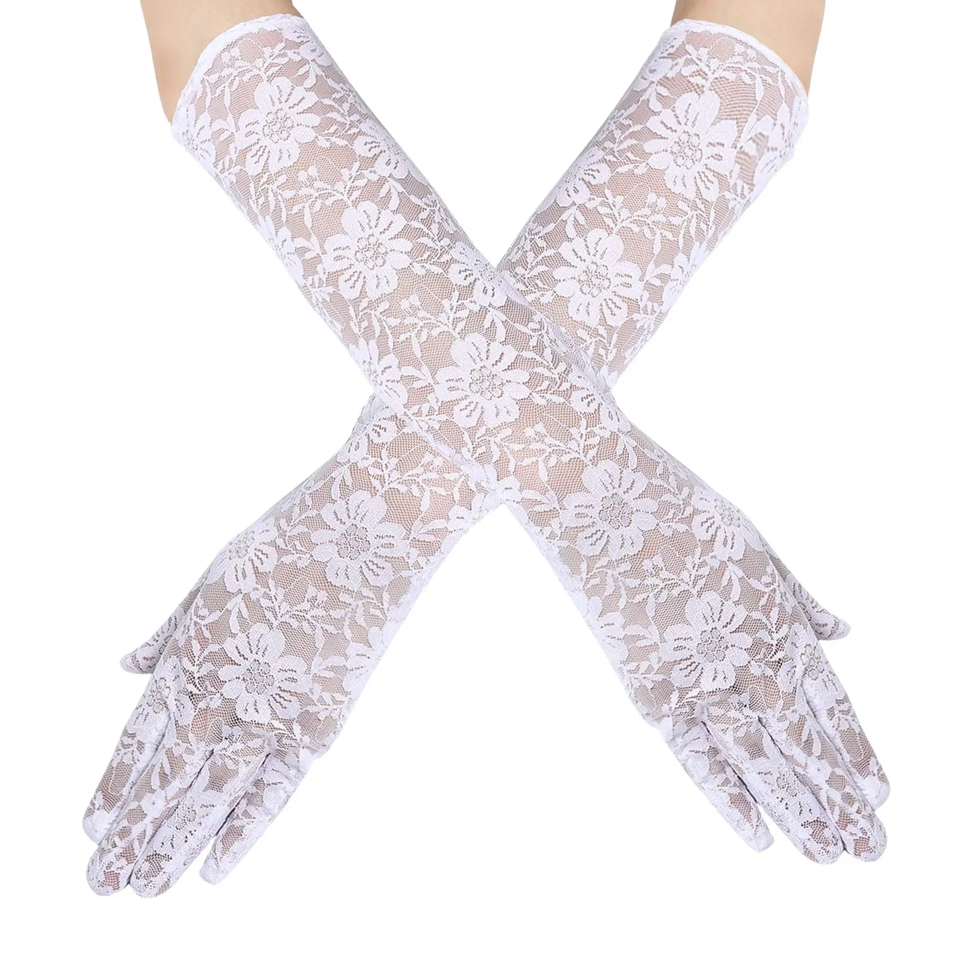 

Fashion Retro Black Lace Floral Long Gloves Women Sexy Thin Transparent Elasticity Mesh Punk Wedding Stage Performance Cosplay
