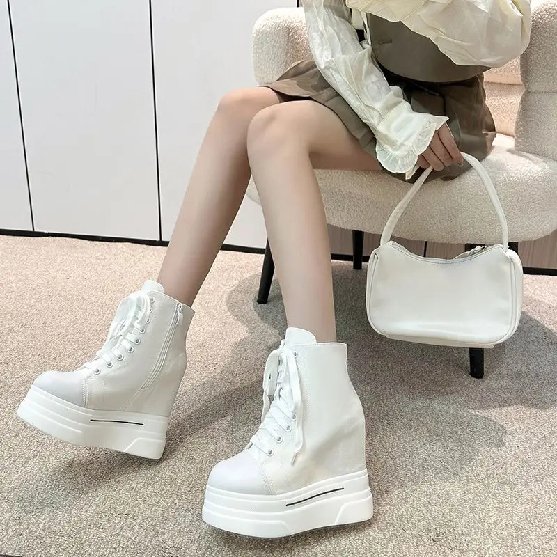 Fujin 14cm 2024 Denim Women Ankle Boots Platform Wedge Autumn Fashion Zip Super Hight Heel Women Fashion Lace Up Spring Shoes